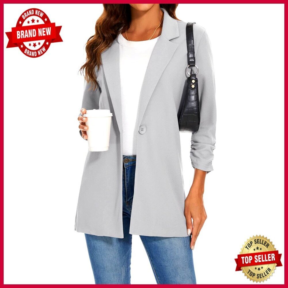 Lightweight Blazer 3/4 Sleeve Ruched Cuffs Open Front Office Jacket
